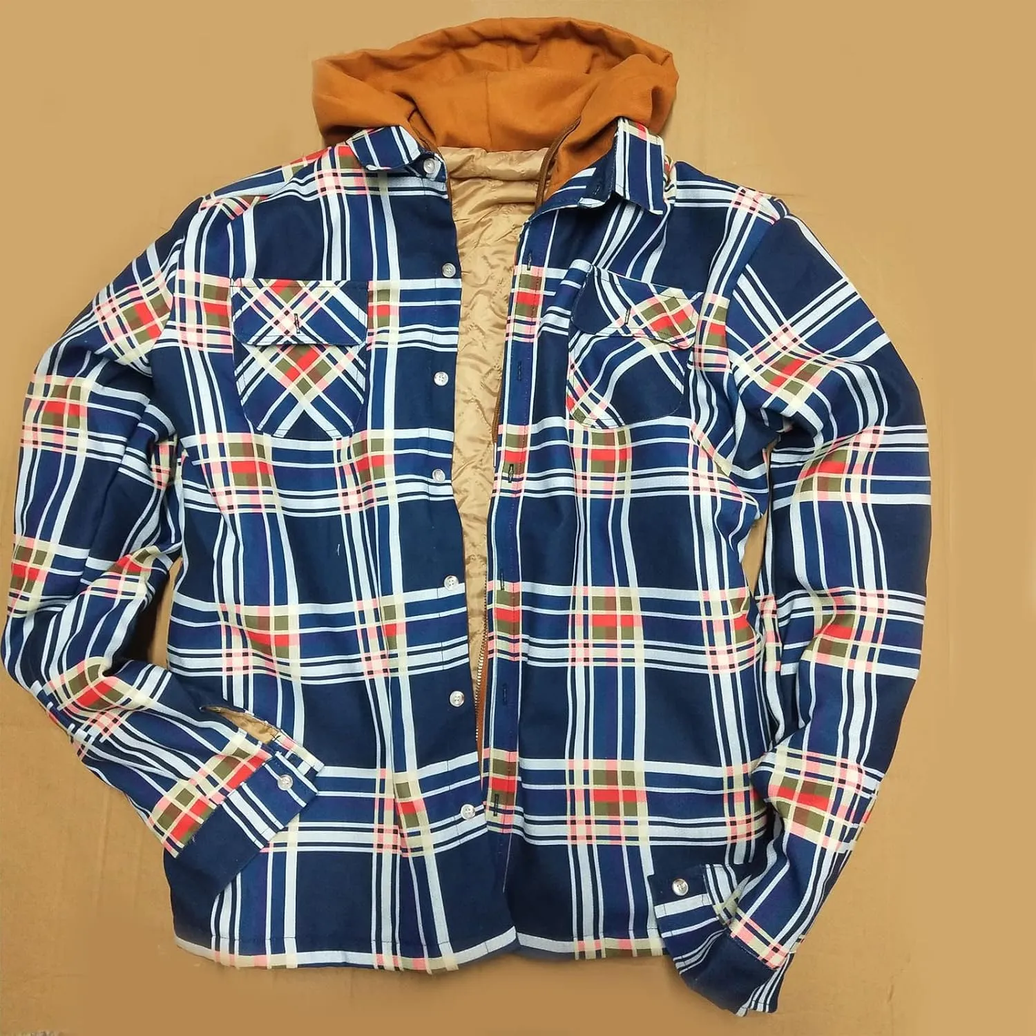 WANZZXCSL Men's Fashion Casual Men's Quilted Lined Button Down Plaid Shirt Add Velvet to Keep Warm Jacket with Hood