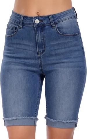 WAYRUNZ Denim Shorts Women Mid Waisted Folded Hem Jean Shorts