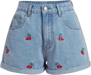 WDIRARA Women's Cherry Embroidery Denim High Waist Shorts Rolled Hem Shorts
