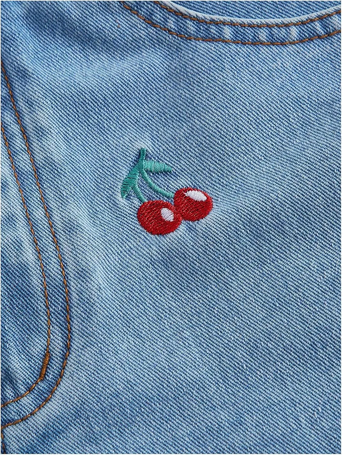 WDIRARA Women's Cherry Embroidery Denim High Waist Shorts Rolled Hem Shorts