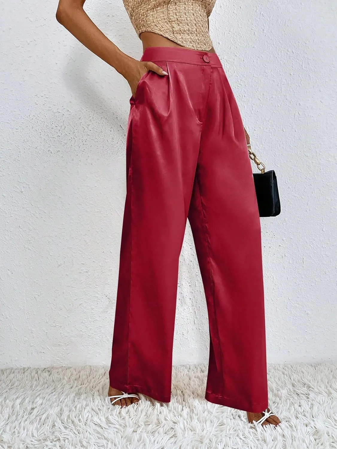 WDIRARA Women's Satin Pants Wide Leg High Waisted Loose Elegant Office Simple Pants