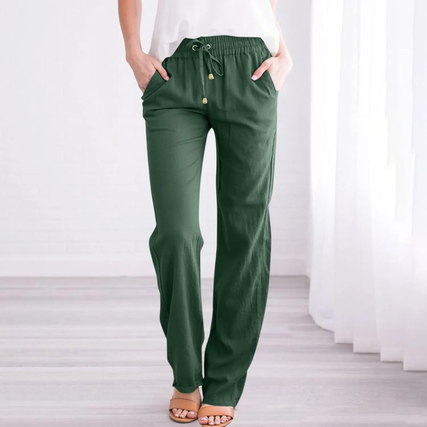 Wide Leg Linen Pants Women Summer Casual Lightweight Elastic High Waisted Lounge Pants Loose Fit Beach Pants