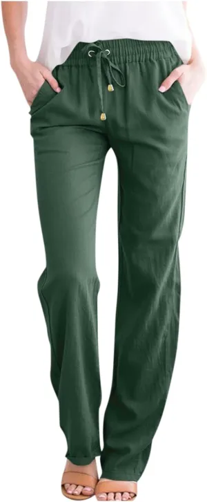 Wide Leg Linen Pants Women Summer Casual Lightweight Elastic High Waisted Lounge Pants Loose Fit Beach Pants