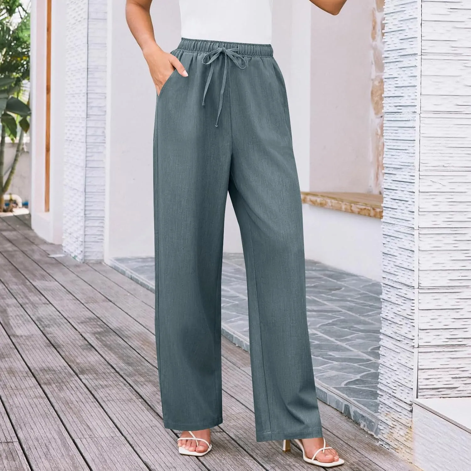 Wide Leg Pants for Women Solid Cotton Linen Drawstring Pant Casual Work Summer Baggy Trousers with Pockets