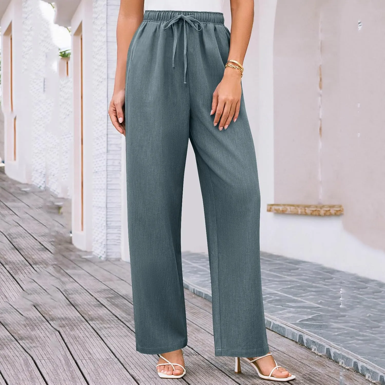 Wide Leg Pants for Women Solid Cotton Linen Drawstring Pant Casual Work Summer Baggy Trousers with Pockets