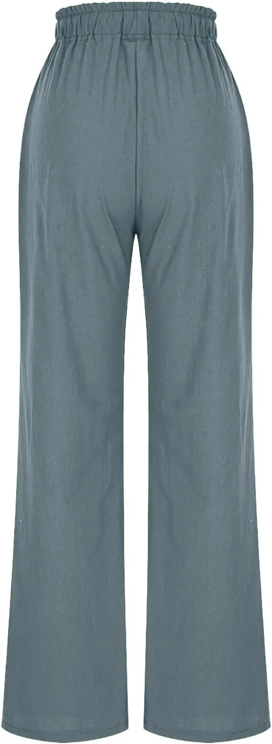 Wide Leg Pants for Women Solid Cotton Linen Drawstring Pant Casual Work Summer Baggy Trousers with Pockets
