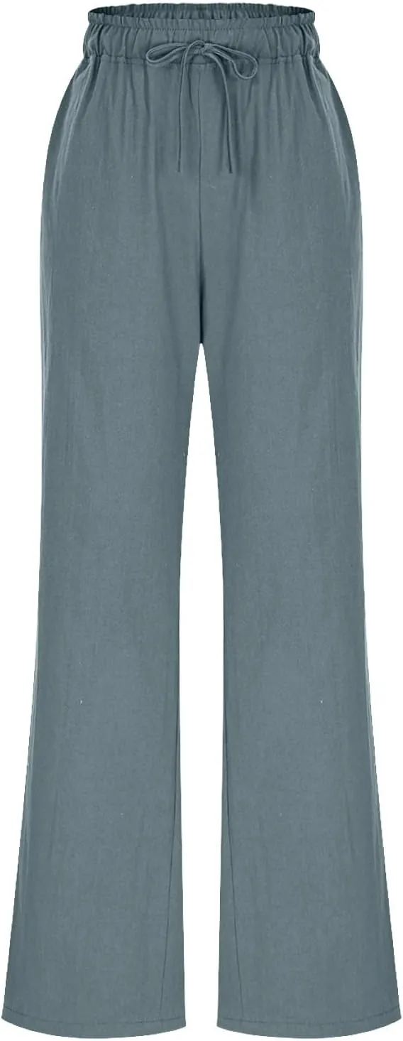 Wide Leg Pants for Women Solid Cotton Linen Drawstring Pant Casual Work Summer Baggy Trousers with Pockets