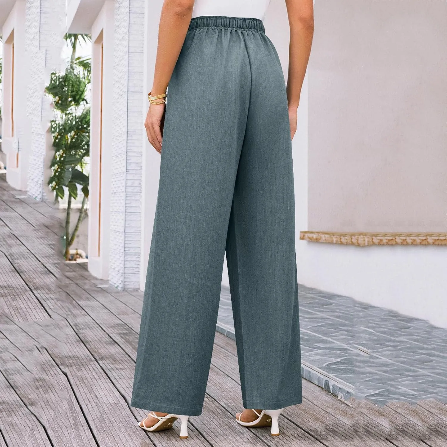 Wide Leg Pants for Women Solid Cotton Linen Drawstring Pant Casual Work Summer Baggy Trousers with Pockets