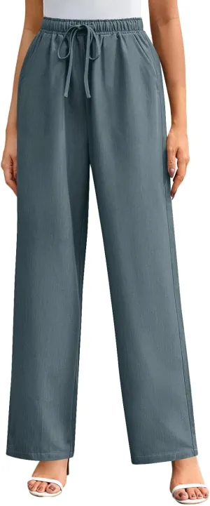 Wide Leg Pants for Women Solid Cotton Linen Drawstring Pant Casual Work Summer Baggy Trousers with Pockets