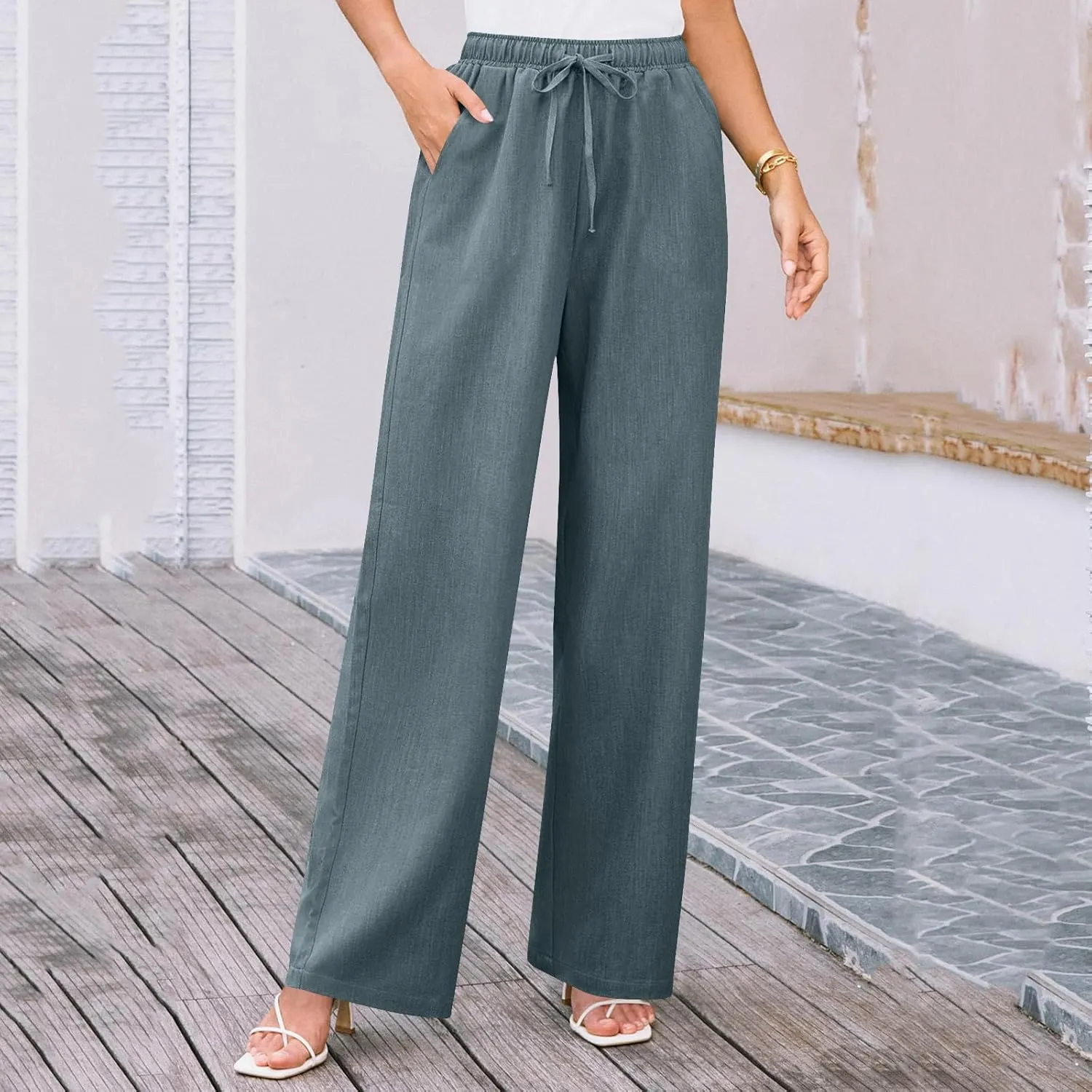 Wide Leg Pants for Women Solid Cotton Linen Drawstring Pant Casual Work Summer Baggy Trousers with Pockets