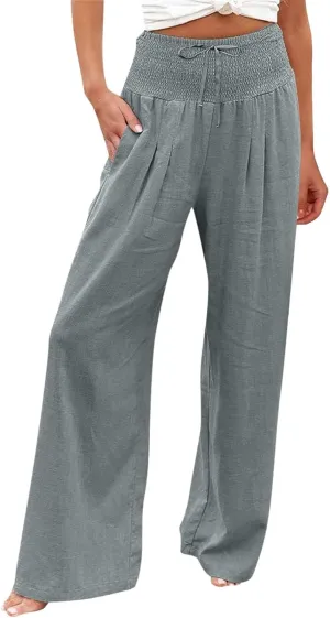Wide Leg Pants for Women Summer High Waist Cotton Linen Pants Casual Fashion Beach Pant Solid Color Loose Trousers