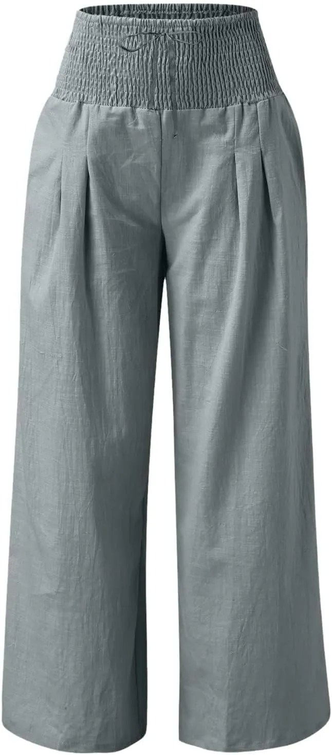 Wide Leg Pants for Women Summer High Waist Cotton Linen Pants Casual Fashion Beach Pant Solid Color Loose Trousers