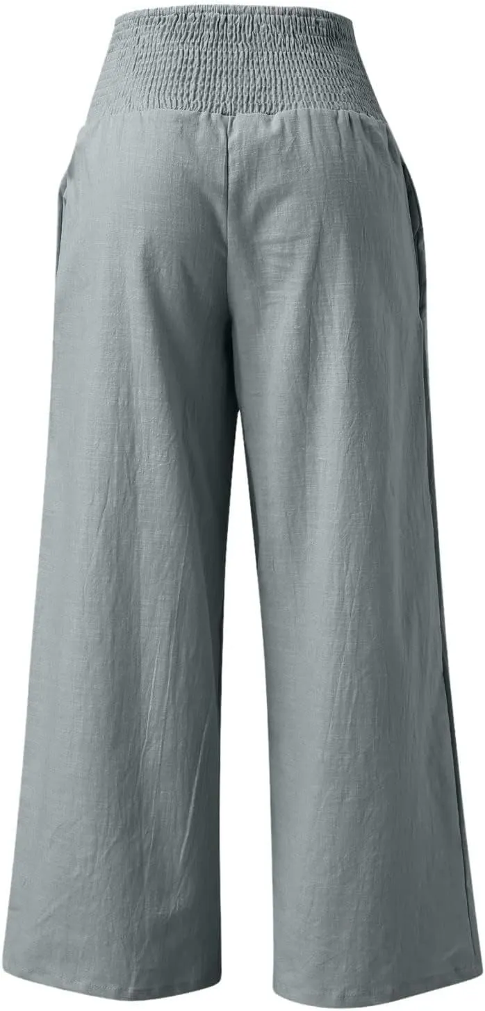 Wide Leg Pants for Women Summer High Waist Cotton Linen Pants Casual Fashion Beach Pant Solid Color Loose Trousers