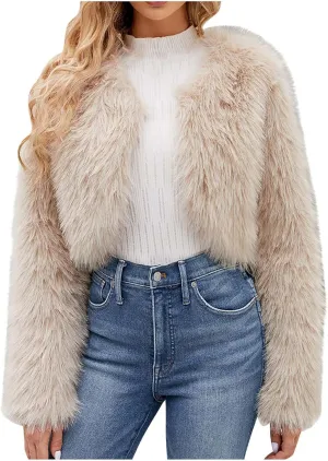Winter Coats for Women 2023 Trendy Faux Fur Shaggy Jacket Cropped Long Sleeve Tops Open Front Coat Cardigan Outerwear