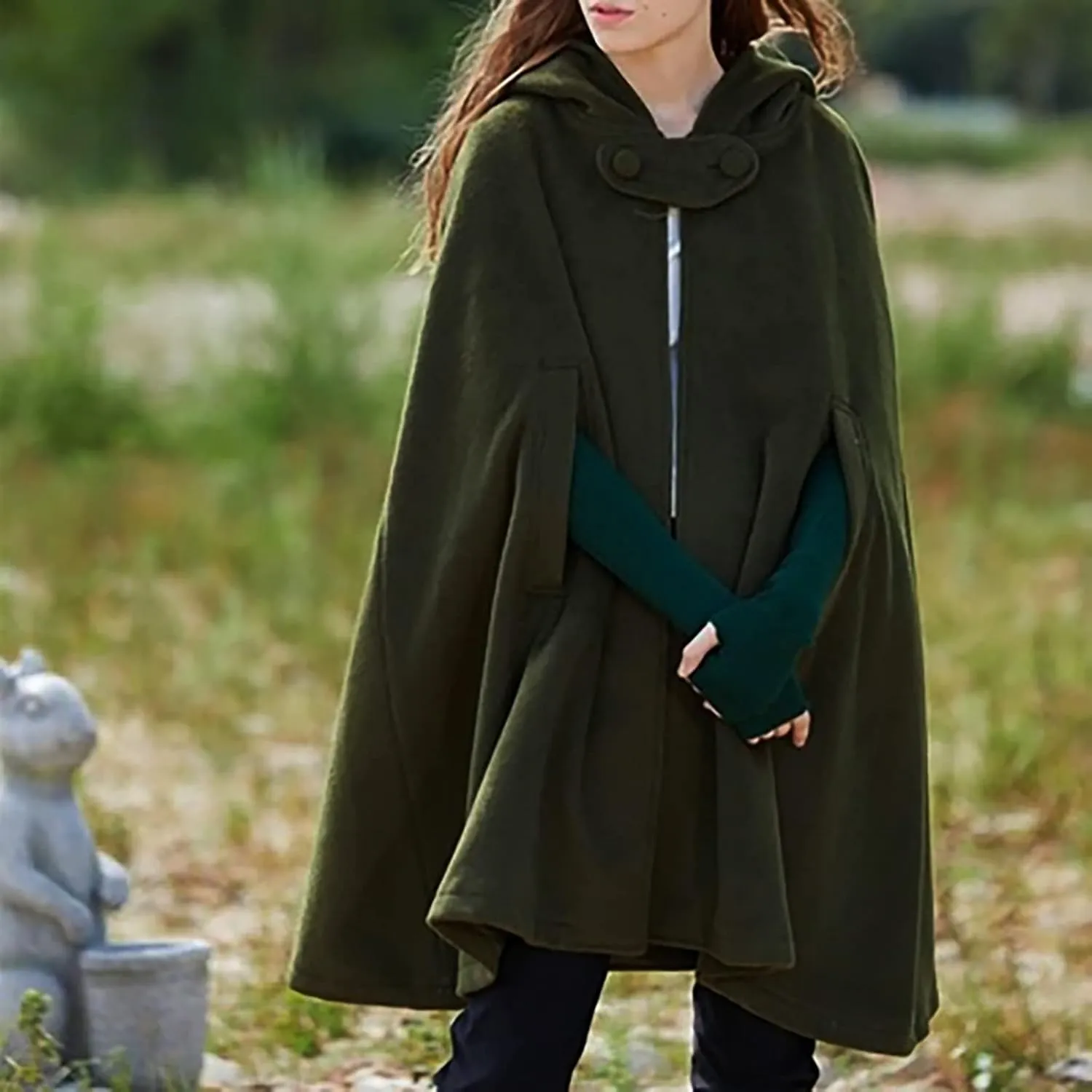 Winter Thick Cloak with Hood Women Wool Blend Cape Coat Poncho Batwing Cardigans Plus Size Coat Solid Classic Jackets