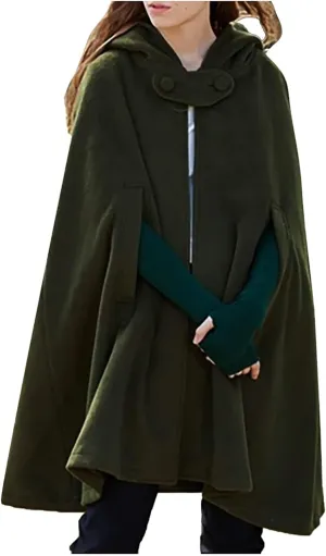Winter Thick Cloak with Hood Women Wool Blend Cape Coat Poncho Batwing Cardigans Plus Size Coat Solid Classic Jackets