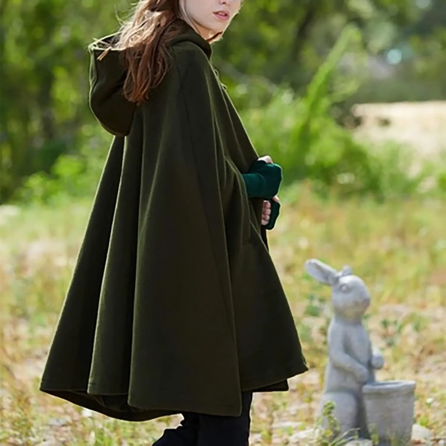 Winter Thick Cloak with Hood Women Wool Blend Cape Coat Poncho Batwing Cardigans Plus Size Coat Solid Classic Jackets