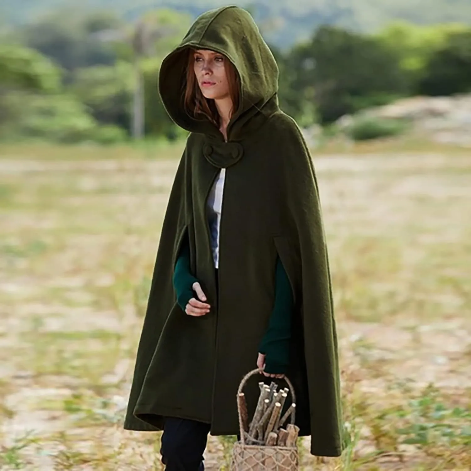 Winter Thick Cloak with Hood Women Wool Blend Cape Coat Poncho Batwing Cardigans Plus Size Coat Solid Classic Jackets