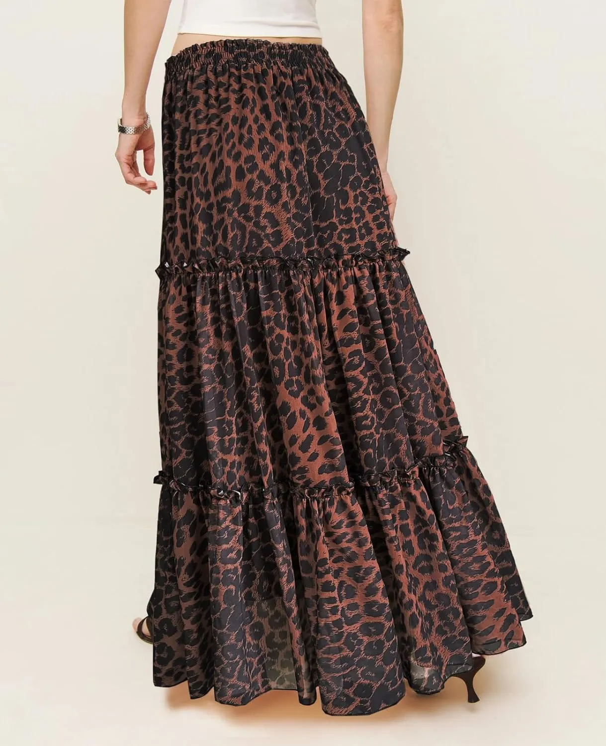 WISFRUIT Women's Leopard Print Pleated Maxi Skirt Cheetah Chiffon Tiered Ruffle A Line Flowy Beach Long Skirts