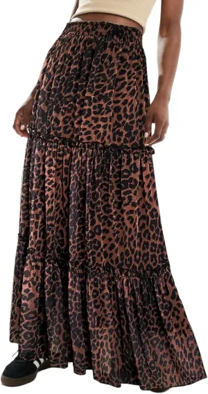 WISFRUIT Women's Leopard Print Pleated Maxi Skirt Cheetah Chiffon Tiered Ruffle A Line Flowy Beach Long Skirts