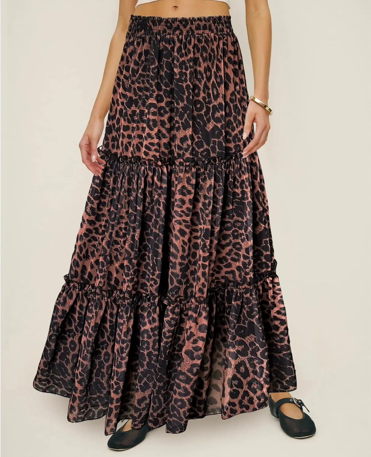 WISFRUIT Women's Leopard Print Pleated Maxi Skirt Cheetah Chiffon Tiered Ruffle A Line Flowy Beach Long Skirts
