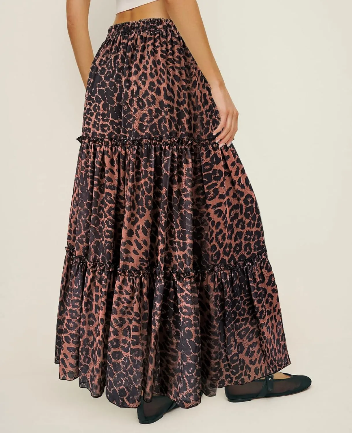 WISFRUIT Women's Leopard Print Pleated Maxi Skirt Cheetah Chiffon Tiered Ruffle A Line Flowy Beach Long Skirts