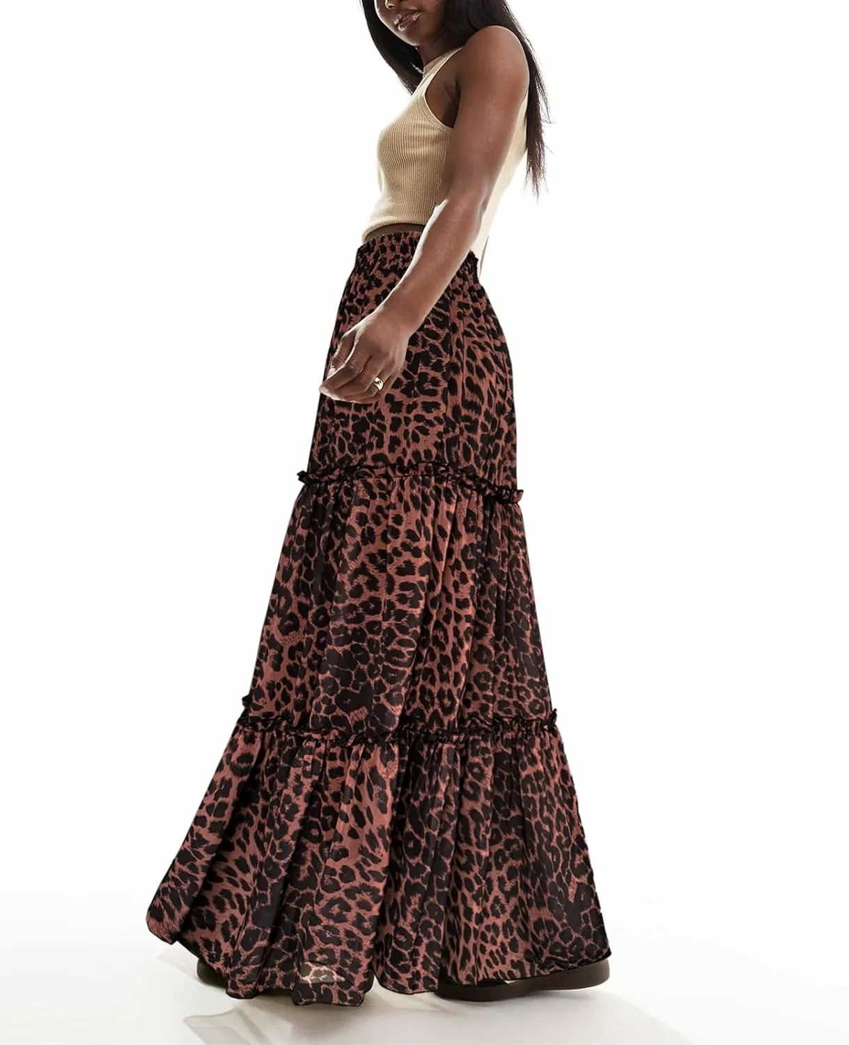 WISFRUIT Women's Leopard Print Pleated Maxi Skirt Cheetah Chiffon Tiered Ruffle A Line Flowy Beach Long Skirts