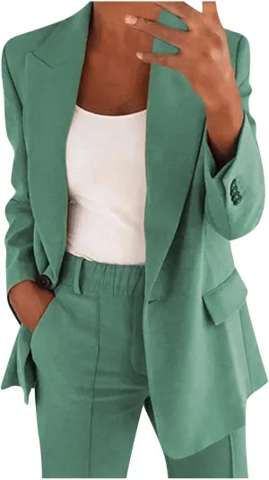 Women 2 Piece Plus Size Casual Blazers Open Front Long Sleeve Button Jackets and Pants Office Business Work Suit Set