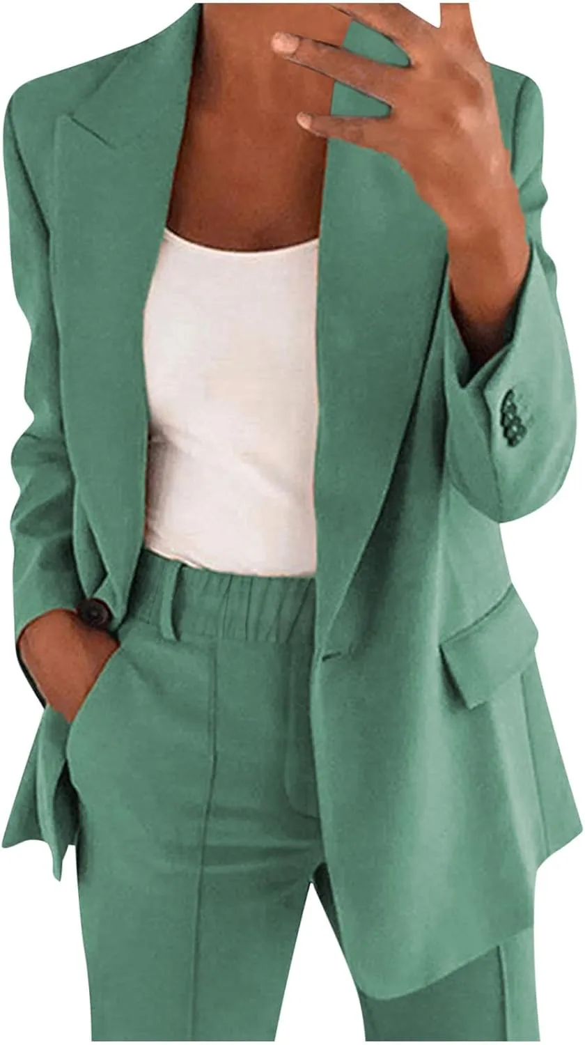 Women 2 Piece Plus Size Casual Blazers Open Front Long Sleeve Button Jackets and Pants Office Business Work Suit Set
