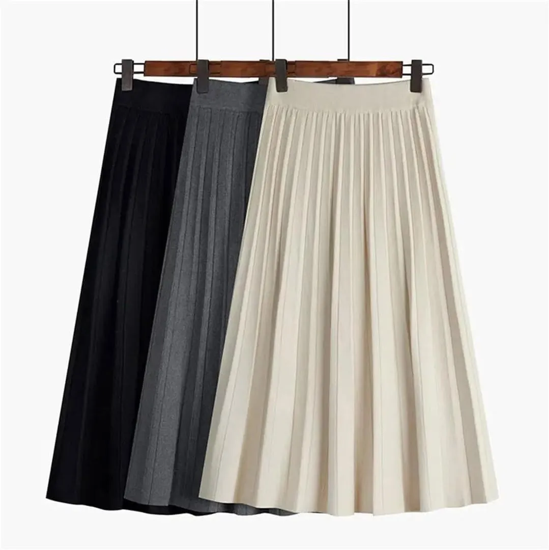 Women Black A-Line High Waist Long Skirt Knitted Midi Pleated Skirt Autumn Winter Femme