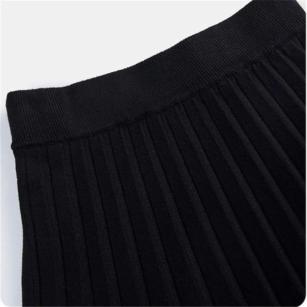 Women Black A-Line High Waist Long Skirt Knitted Midi Pleated Skirt Autumn Winter Femme