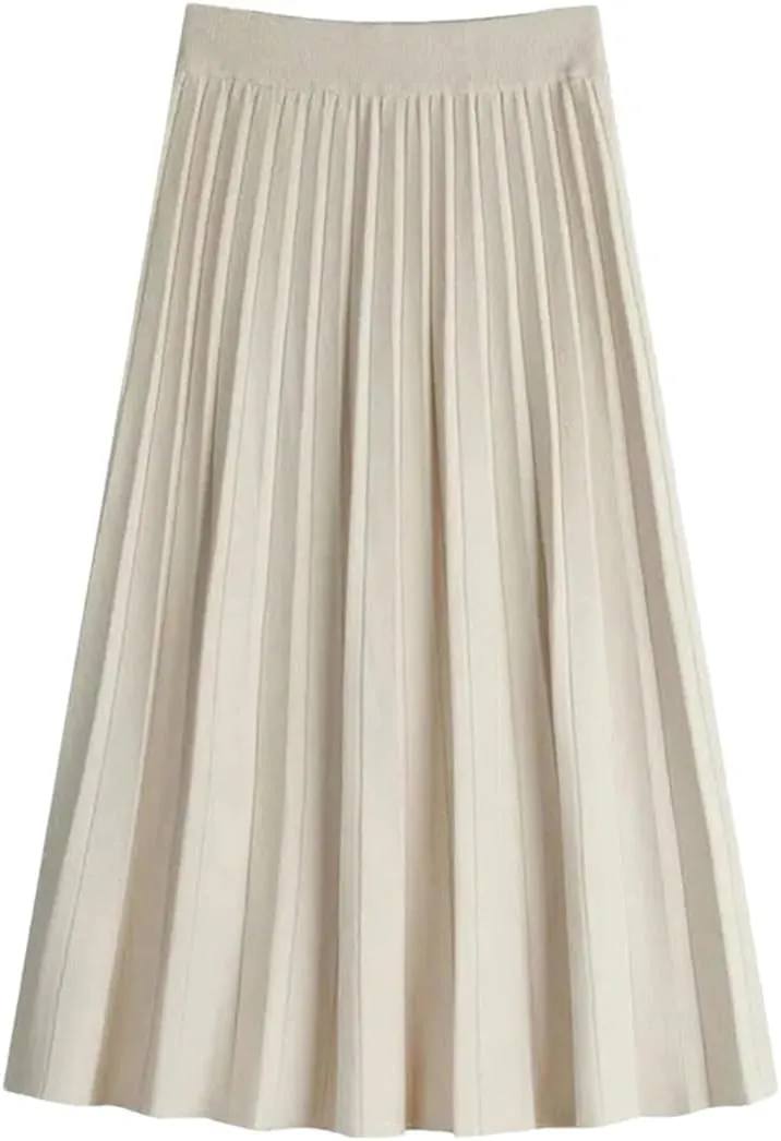 Women Black A-Line High Waist Long Skirt Knitted Midi Pleated Skirt Autumn Winter Femme