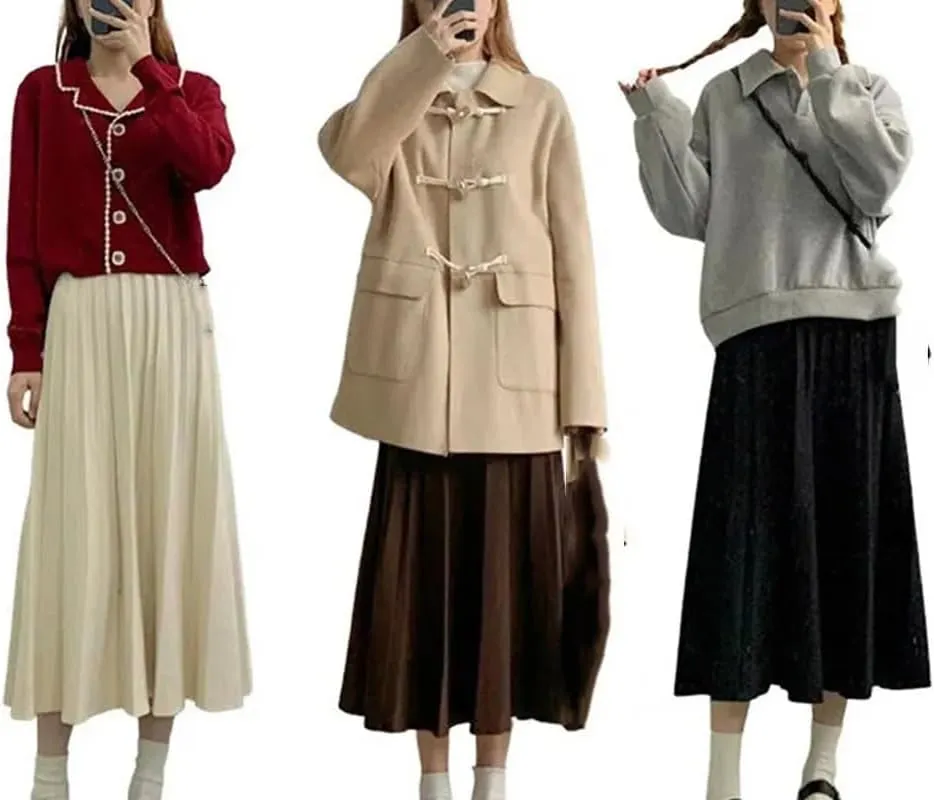 Women Black A-Line High Waist Long Skirt Knitted Midi Pleated Skirt Autumn Winter Femme