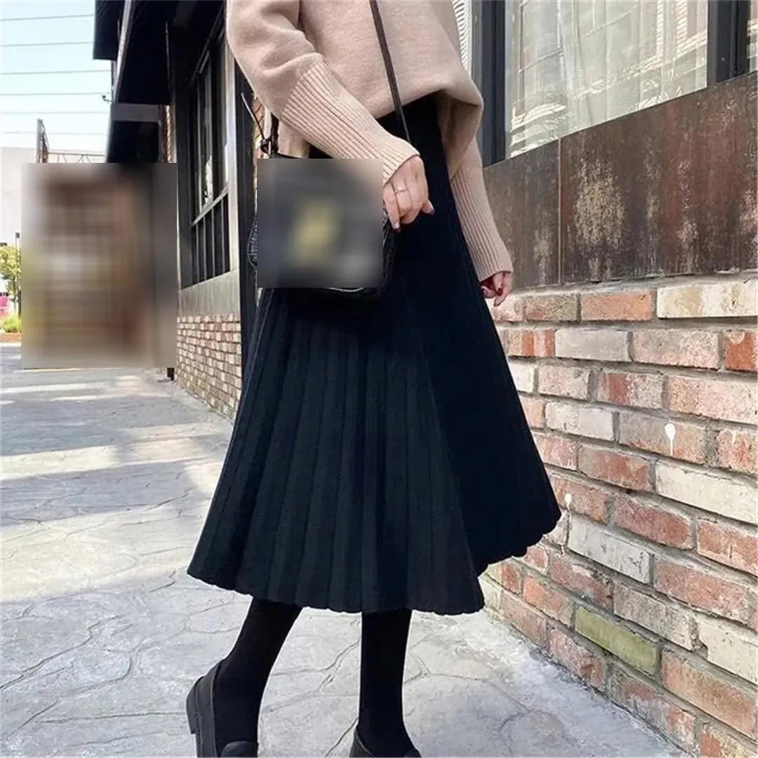 Women Black A-Line High Waist Long Skirt Knitted Midi Pleated Skirt Autumn Winter Femme