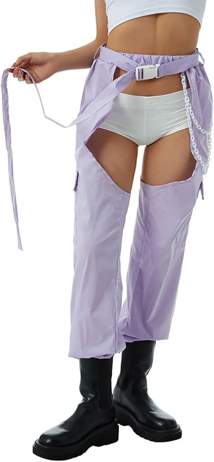 Women Bottomless Cargo Pants Sexy High Waist Buckle Rave Hollow Out Sexy Pants See Through Fashion Cargo Long Trousers