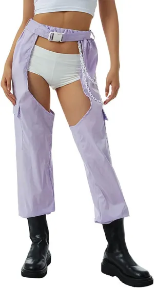 Women Bottomless Cargo Pants Sexy High Waist Buckle Rave Hollow Out Sexy Pants See Through Fashion Cargo Long Trousers