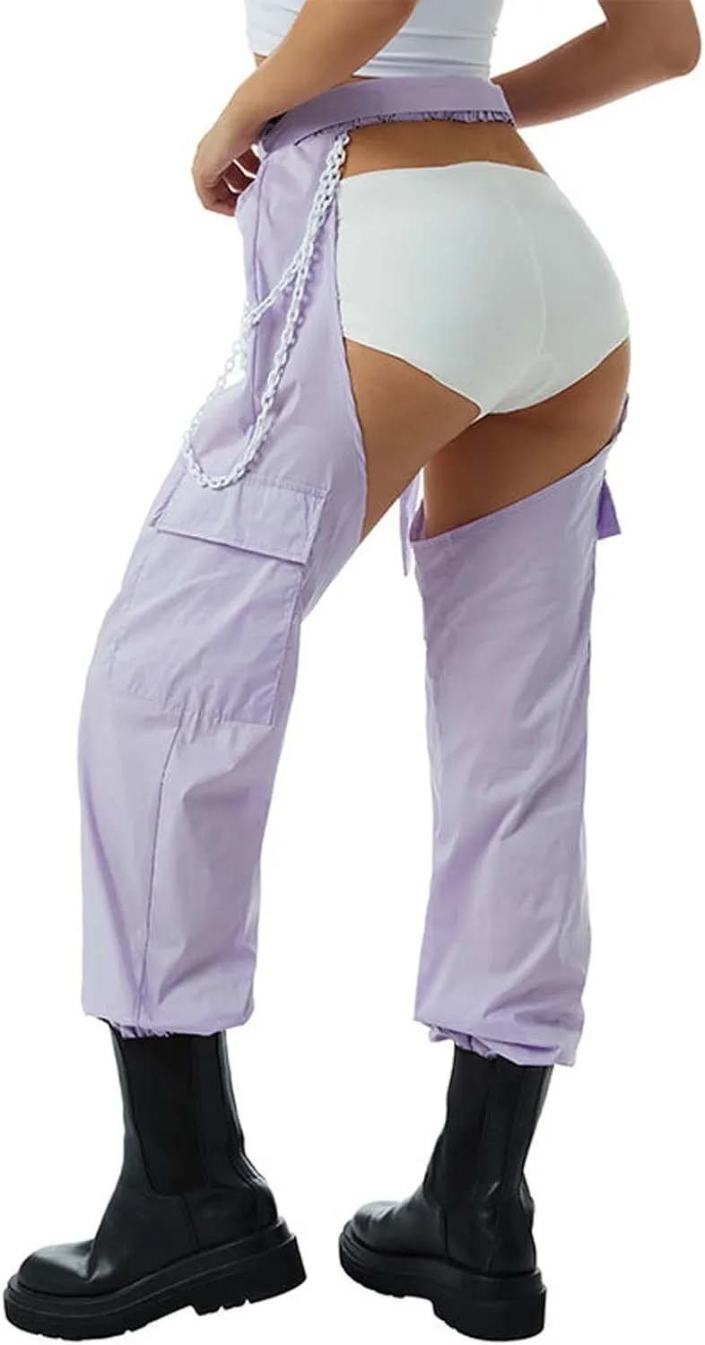 Women Bottomless Cargo Pants Sexy High Waist Buckle Rave Hollow Out Sexy Pants See Through Fashion Cargo Long Trousers