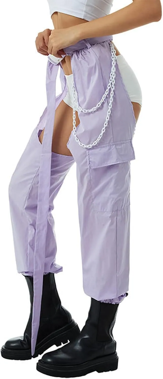 Women Bottomless Cargo Pants Sexy High Waist Buckle Rave Hollow Out Sexy Pants See Through Fashion Cargo Long Trousers