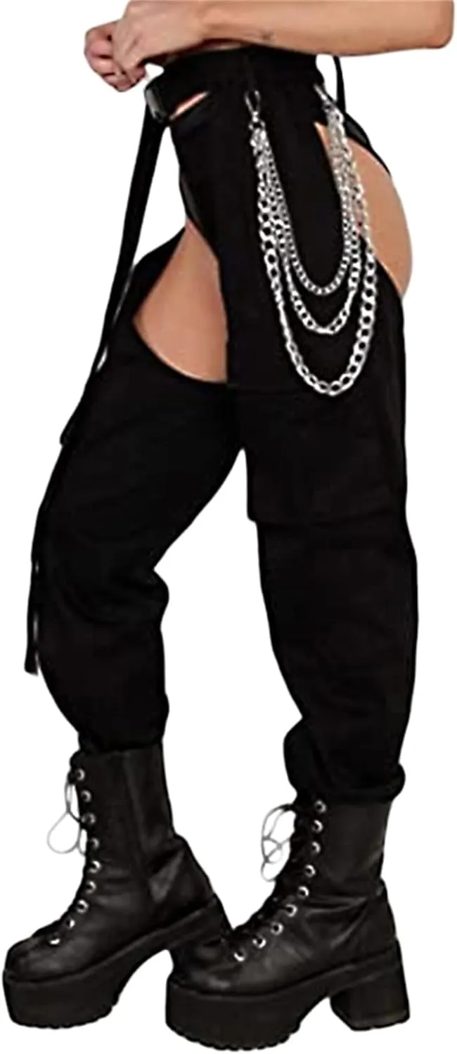 Women Buckle Bottomless Pants Sexy High Waist Chaps Hollow Out Cargo Crotch Pants See Through Rave Leggings Harem Trousers