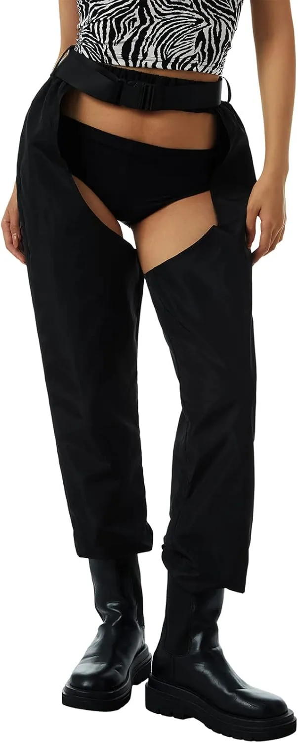 Women Buckle Bottomless Pants Sexy High Waist Chaps Hollow Out Cargo Crotch Pants See Through Rave Leggings Harem Trousers