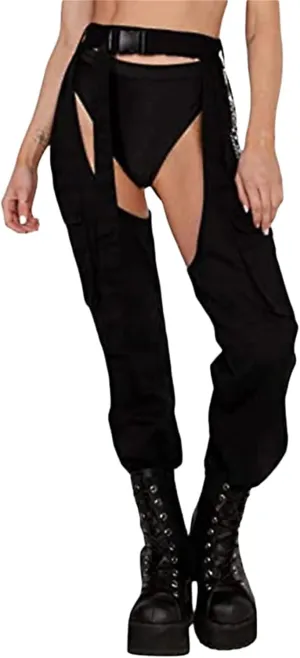 Women Buckle Bottomless Pants Sexy High Waist Chaps Hollow Out Cargo Crotch Pants See Through Rave Leggings Harem Trousers