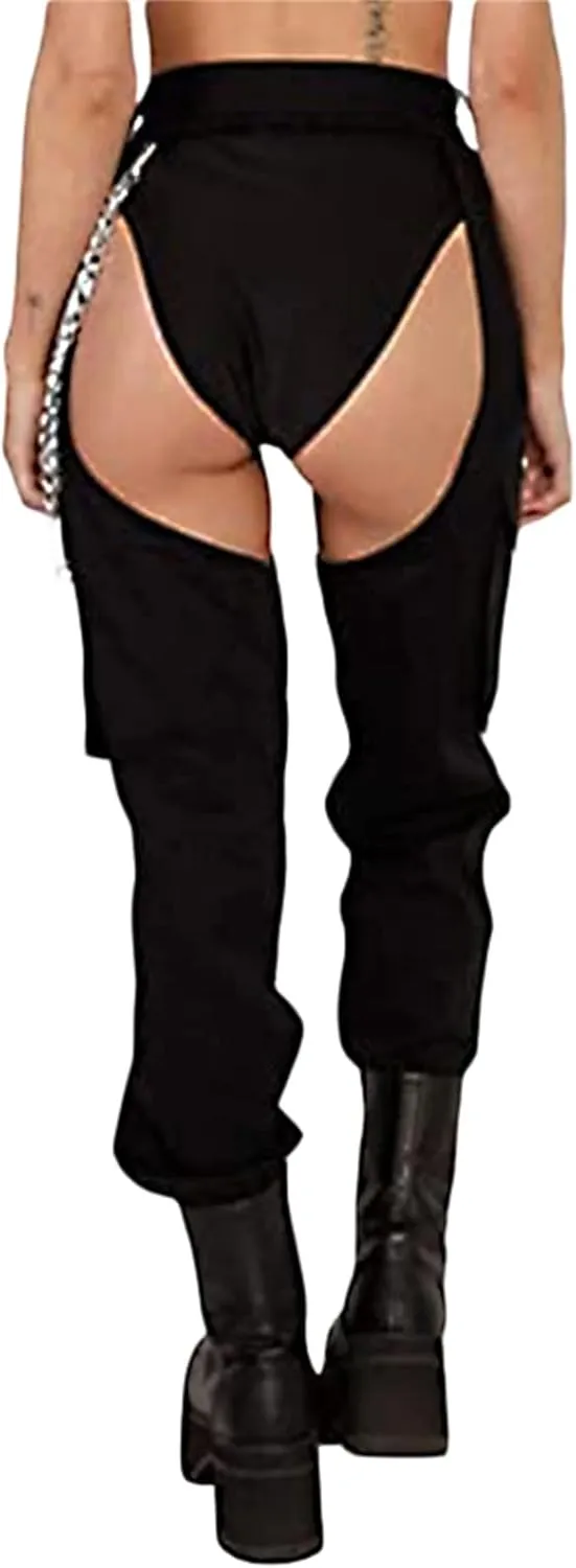 Women Buckle Bottomless Pants Sexy High Waist Chaps Hollow Out Cargo Crotch Pants See Through Rave Leggings Harem Trousers