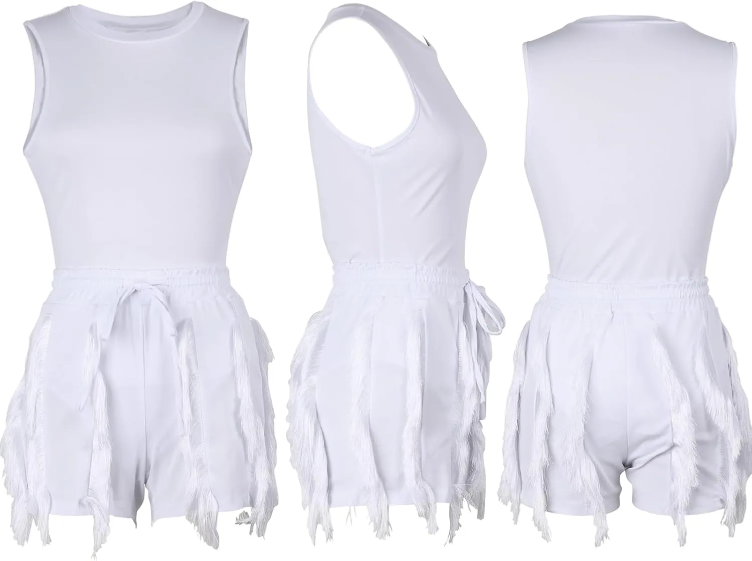Women Casual Fringe Two Piece Outfits Tassel Short Pants Set Sleeveless Tank Tops Bodysuit Party Clubwears