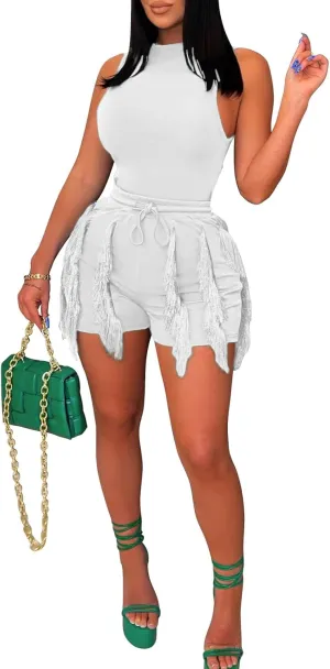 Women Casual Fringe Two Piece Outfits Tassel Short Pants Set Sleeveless Tank Tops Bodysuit Party Clubwears