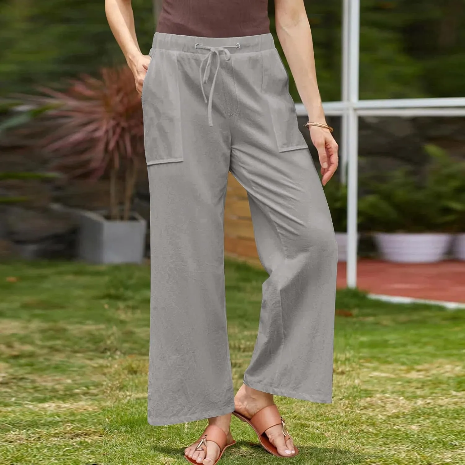 Women Cotton Linen All Match Casual Pants, Summer Drawstring Wide Leg Trousers Going Out Vacation Clothes with Pockets