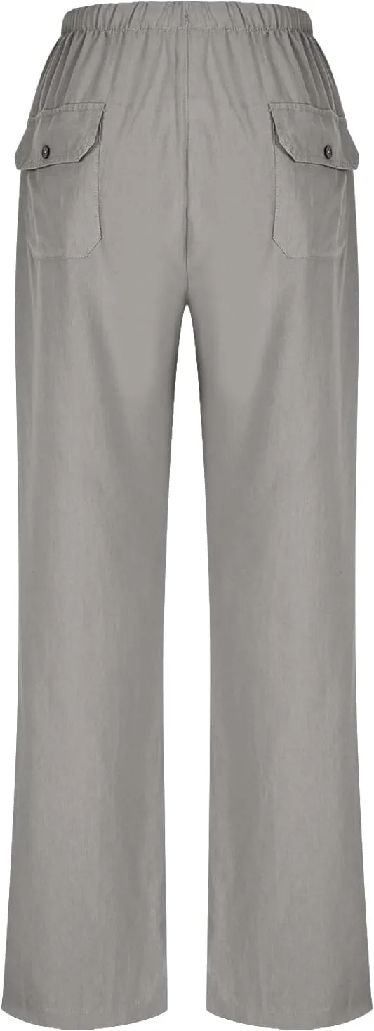 Women Cotton Linen All Match Casual Pants, Summer Drawstring Wide Leg Trousers Going Out Vacation Clothes with Pockets