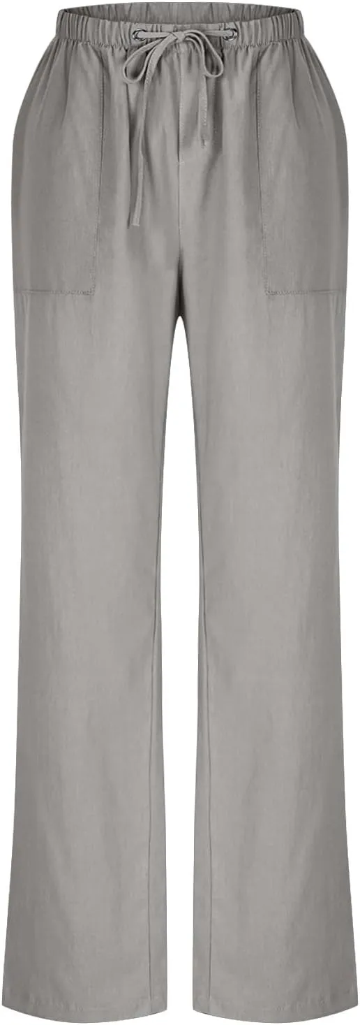 Women Cotton Linen All Match Casual Pants, Summer Drawstring Wide Leg Trousers Going Out Vacation Clothes with Pockets