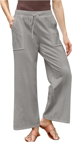 Women Cotton Linen All Match Casual Pants, Summer Drawstring Wide Leg Trousers Going Out Vacation Clothes with Pockets