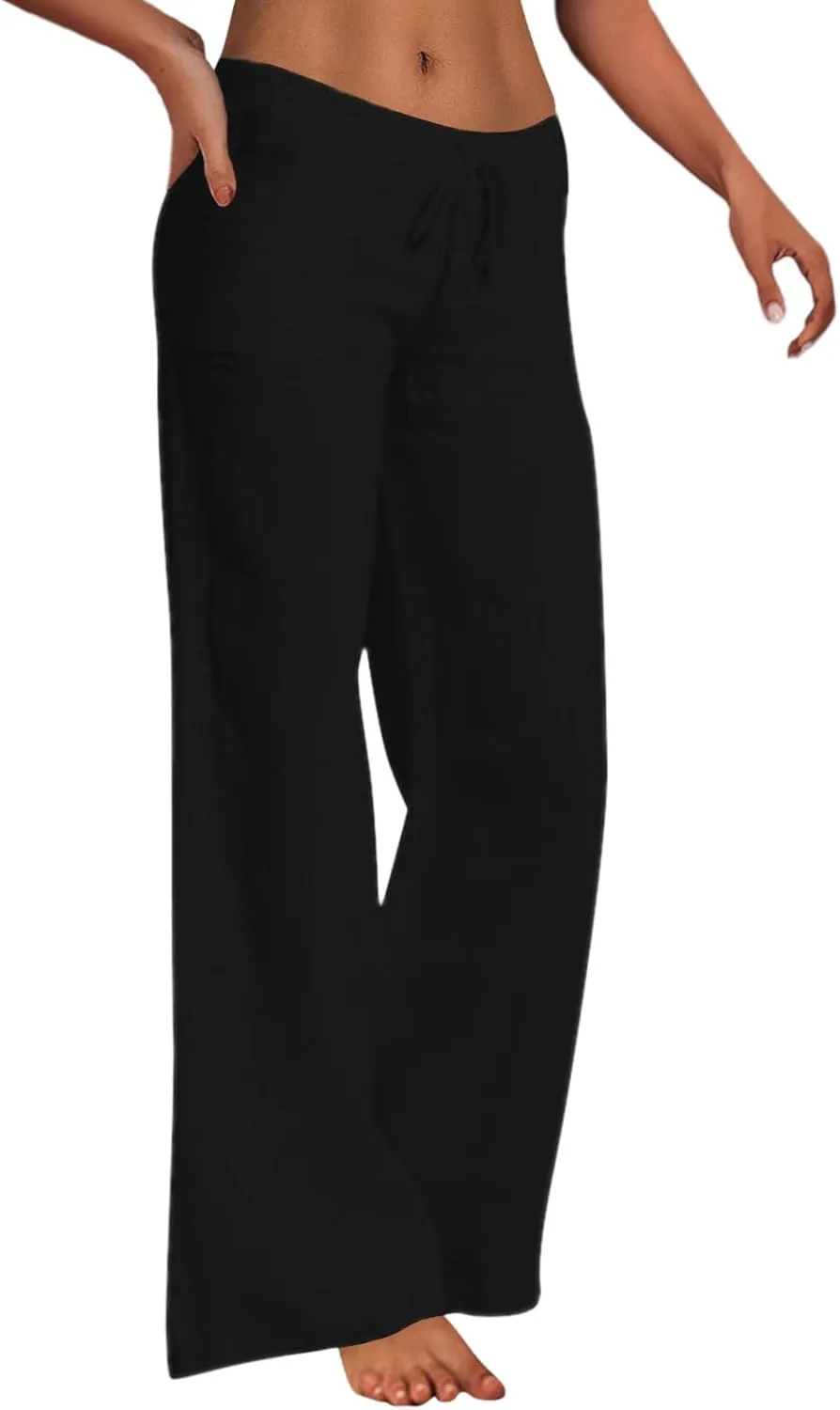 Women Cotton Linen Pants Drawstring Low Waisted Wide Leg Trousers Summer Linen Lightweight Pants Casual Beach Pants