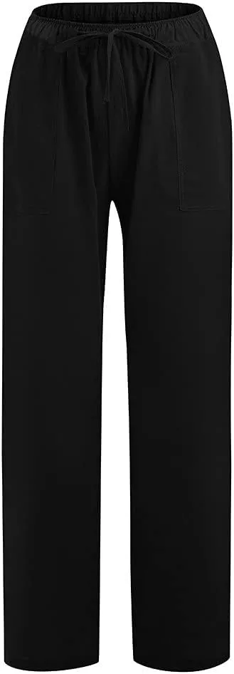 Women Cotton Linen Pants Drawstring Low Waisted Wide Leg Trousers Summer Linen Lightweight Pants Casual Beach Pants